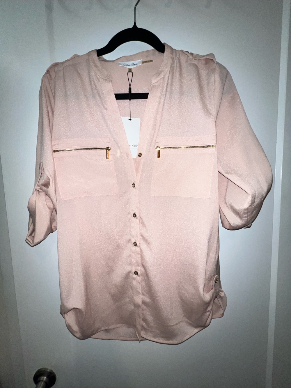 NWT- Calvin Klein Light Blush Pink Button-Front Shirt with Zip Pockets